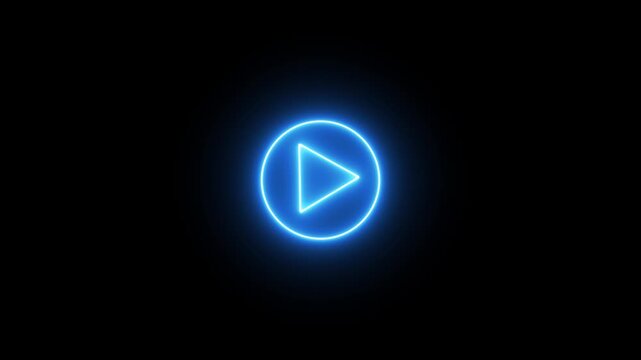 Glowing blue neon flickering play button sign. Bright neon play button animated blinking icon