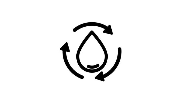 White water cycle icon with arrows on black background, representing sustainability and conservation. triangle rotation loop arrows icon drawing on and fading out.