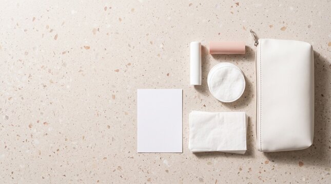 Lip tint aftercare kit, blank balm cotton pads tissues pouch and instruction card on stone surface, horizontal flat lay with right negative space