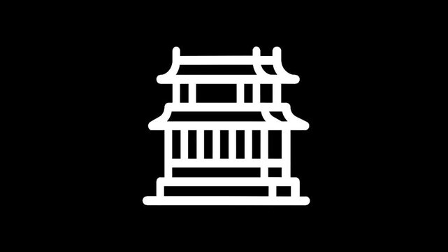 Stylized white icon of a traditional East Asian pagoda building on a black background