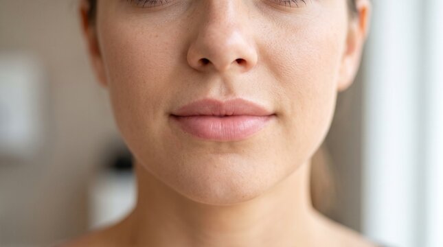 Fully healed lip tint, smooth evenly coloured natural pink lips several weeks after treatment, landscape close up with realistic skin and subtle negative space