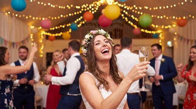 Happy woman bride with flower wreath laughing and holding glass of champagne at wedding party. Friends dancing in background under colorful paper lanterns. Celebration and joy concept.