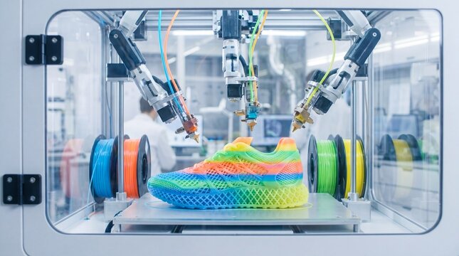 Industrial 3D printer manufacturing a colorful sneaker in a research laboratory. Automated additive manufacturing machine creating a footwear prototype. Future factory production technology concept.