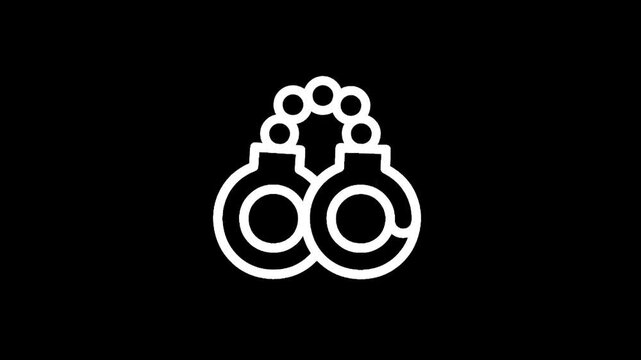 Simple white line icon of handcuffs on a black background, symbolizing arrest and justice