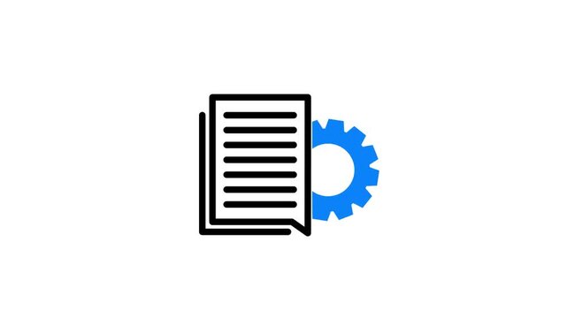 Document settings with gears icon isolated on black background. Software update, transfer protocol, teamwork tool management.