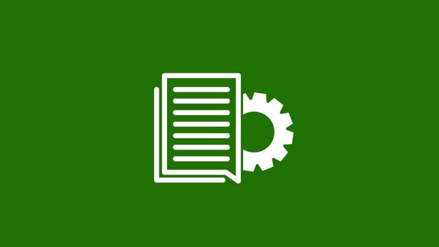 Animated document setting icon.Minimalist outline animation of recruitment resume document gear settings icon drawing on and fading out.