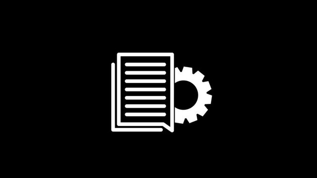 Document settings with gears icon isolated on black background. Software update, transfer protocol, teamwork tool management.