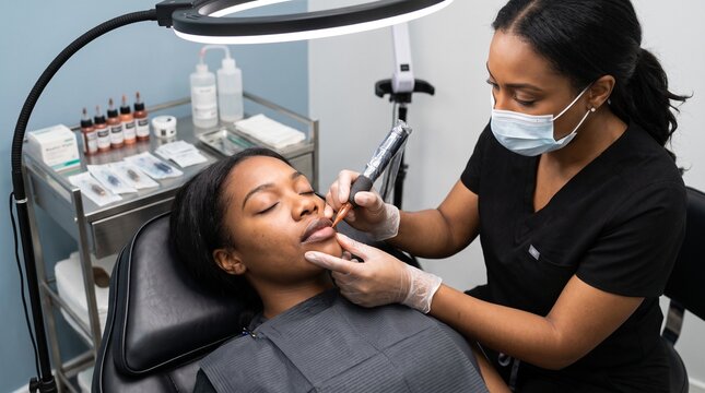 Dark lip neutralisation, professional artist applying warm corrective pigment to naturally deeper uneven tones, wide inclusive clinic treatment scene