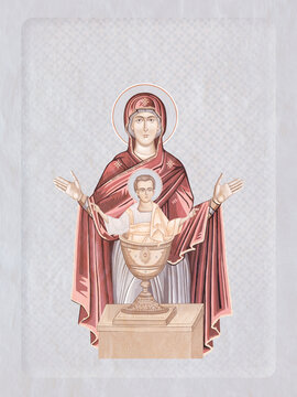 Inexhaustible Cup. Blessed Virgin Mary and Jesus Christ. Christian illustration in Byzantine style in pastel colors