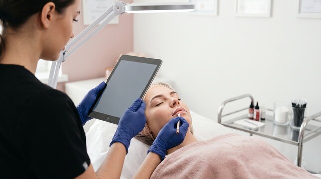 Digital lip mapping record, artist photographing outlined lips with generic tablet before treatment, horizontal over shoulder clinic workflow scene