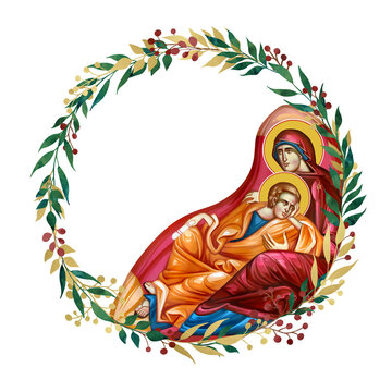Jesus Christ the Eye of Providence. Decorative vintage floral wreath, illustration in Byzantine style isolated