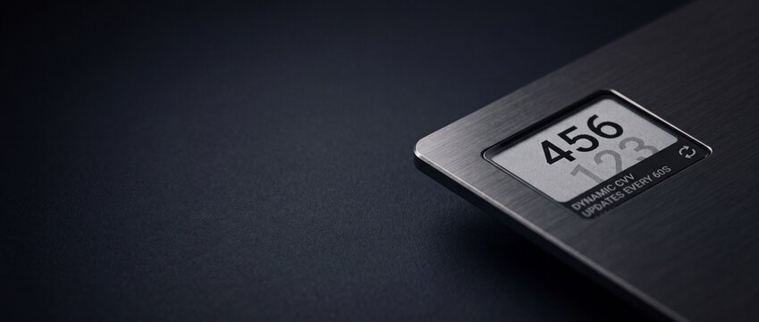 Close-up of smart credit card with dynamic cvv displayed on screen, updating every 60 seconds for enhanced security.