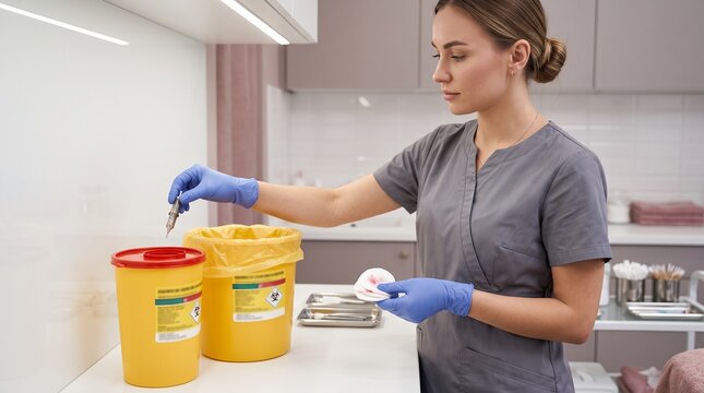 Safe lip tint waste disposal, gloved technician discarding used cartridge and cotton pads into separate clinical containers, horizontal hygiene workplace scene