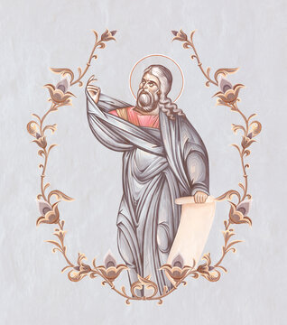 Isaiah prophet. Christian pastel illustration in Byzantine style in floral frame