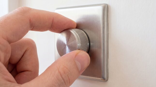 Man hand turning metal light dimmer switch on white wall. Adjustment of indoor lighting brightness. Electrical component for home energy control. Modern hardware for electric equipment.