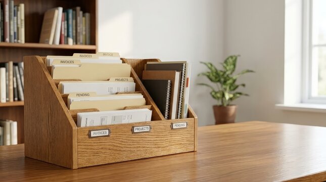 Wooden document trays filled with folders for organized study materials, school paperwork, office filing and academic storage.