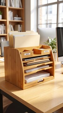 Wooden document trays filled with folders for organized study materials, school paperwork, office filing and academic storage.