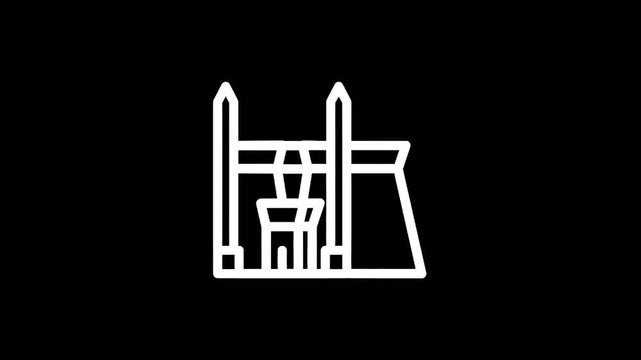 Minimalist line art icon of a 3D printer in action on a black background