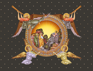 Fototapeta premium Post-Resurrection appearances of Jesus. Decorative vintage illustration with angels in Byzantine style