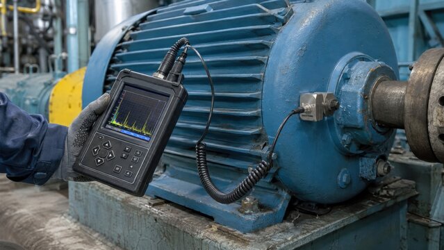 Engineer checking electric motor with vibration analyzer