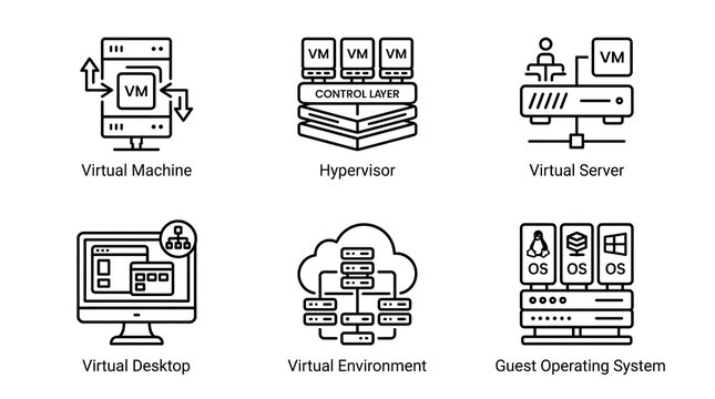 Cloud Virtualization and Server Infrastructure Line Icon Set