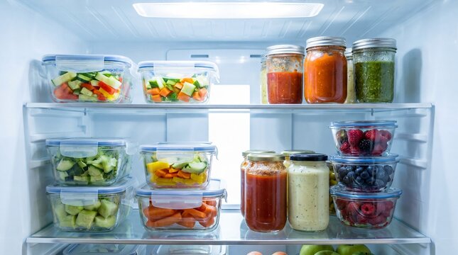 Open refrigerator full of organized glass containers with chopped vegetables, fresh berries and sauces. Meal preparation and healthy nutrition concept. Storage for food in kitchen.