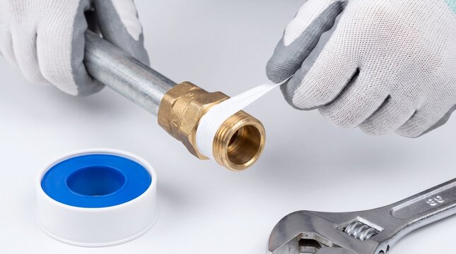Plumber wrapping plumbing tape around metal pipe thread. Maintenance worker sealing pipe fitting with teflon tape to prevent water leak. Professional pipe repair and plumbing service.