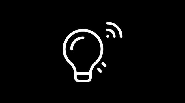 Simple white line icon of a smart light bulb with wifi signal on black background