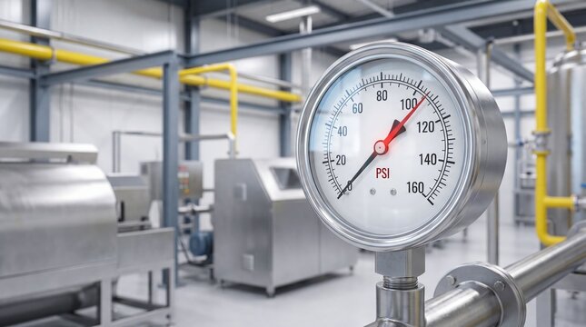 Pressure gauge measuring industrial gas or liquid flow in a factory. Metal manometer on a pipeline. Technical monitoring and control equipment in a chemical production plant facility.