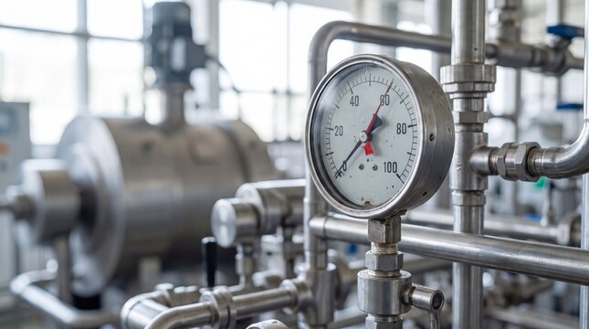 Pressure gauge on industrial pipeline system. Metal pipes and valves in manufacturing plant. Monitoring equipment for chemical or food processing industry. Engineering and technology concept.