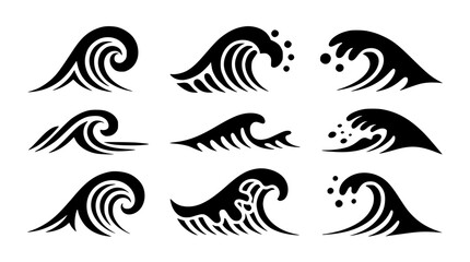 Fototapeta premium Minimal black ocean wave vector set with sea surf foam splash and marine water elements
