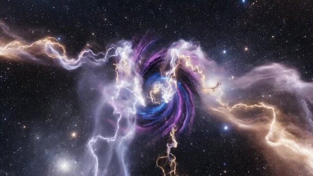 Cosmic nebula with swirling gas clouds and bright stars in deep space