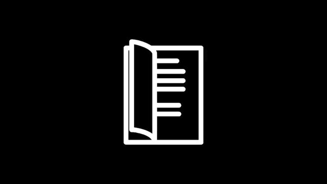 Simple white open book icon with lines of text on a black background