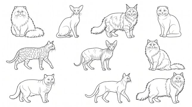 Minimalist cat breed line art collection, set of 10 feline sketches. Hand drawn cat illustrations for coloring books and pet branding. isolated PNG with Transparent Background