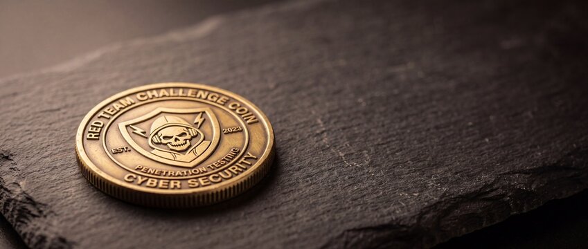 Cyber security challenge coin with skull emblem and shield symbolizing protection and penetration testing in digital defense.