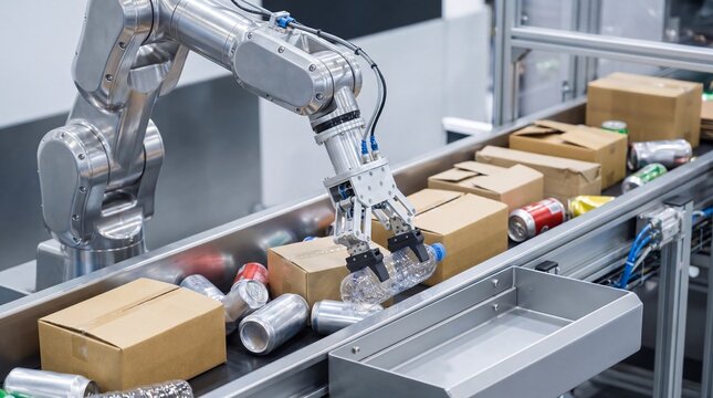 Robotic arm picking up plastic bottle from conveyor belt in factory. Automated sorting and packaging process in manufacturing. Industrial technology and machine efficiency concept.