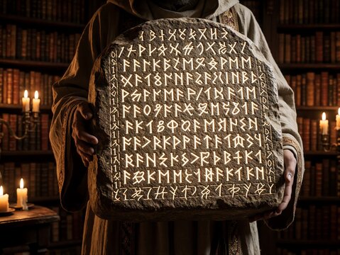 Hooded figure holds ancient stone tablet with mystical runic inscriptions in candle lit library