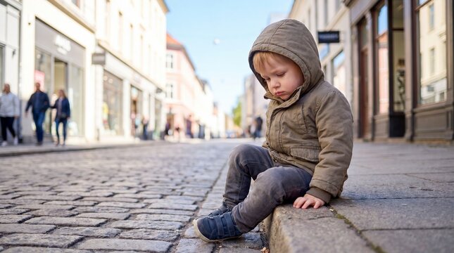 Sad toddler boy sitting on a city street curb. Lonely child wearing a warm jacket in an urban environment. Concept of childhood loneliness, depression, vulnerability and social challenge.