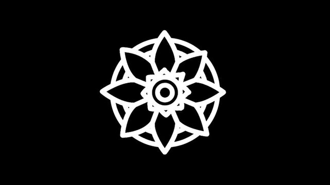 Geometric white lotus flower symbol on a black background, abstract design
