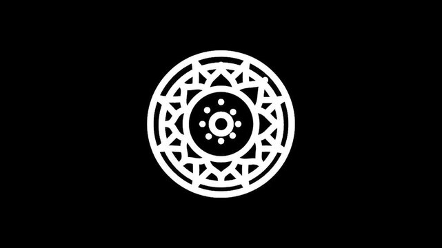 Geometric mandala symbol with intricate patterns and radial symmetry on black background