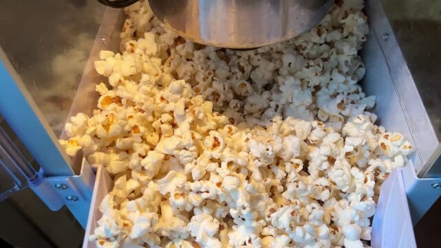 Freshly popped popcorn filling a concession machine tray.