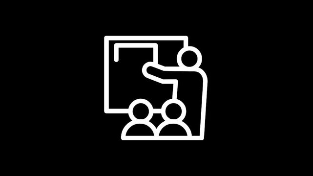Teacher instructing students at a whiteboard in a simple line art icon style