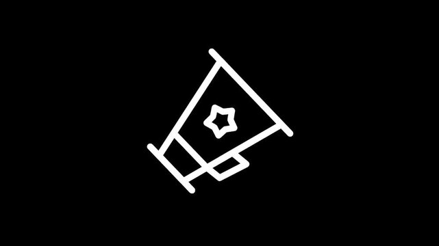 White line art megaphone with a star inside on a black background