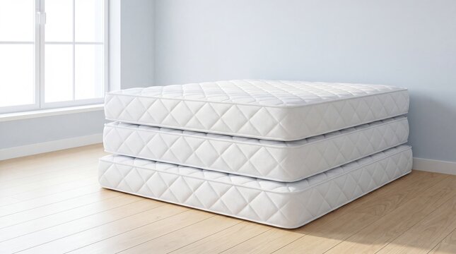 Stack of white mattresses in a bright room. Comfortable bedding for sleep and rest. Bedroom furniture and orthopedic product for healthy night rest. Home interior design and supply.