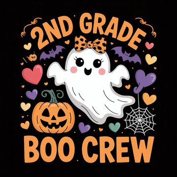 Halloween themed vector illustration featuring a ghost pumpkin and bats with text