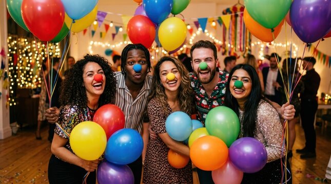 Diverse group of friends laughing and celebrating with clown noses and balloons
