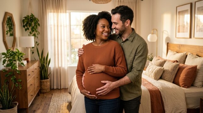 Happy expectant couple embracing in a cozy bedroom with natural light