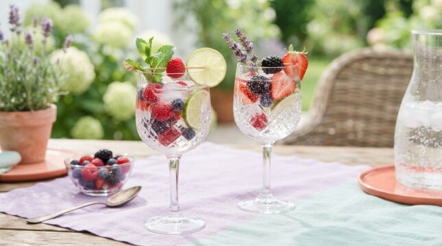 Refreshing summer drinks with berries and lime served outdoors on a sunny day
