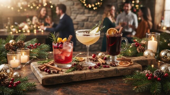 Festive holiday cocktails and mulled wine served with Christmas decorations