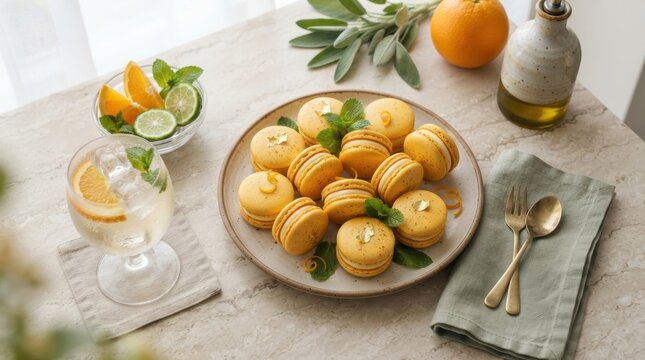 Elegant orange macarons with gold leaf and fresh mint garnish